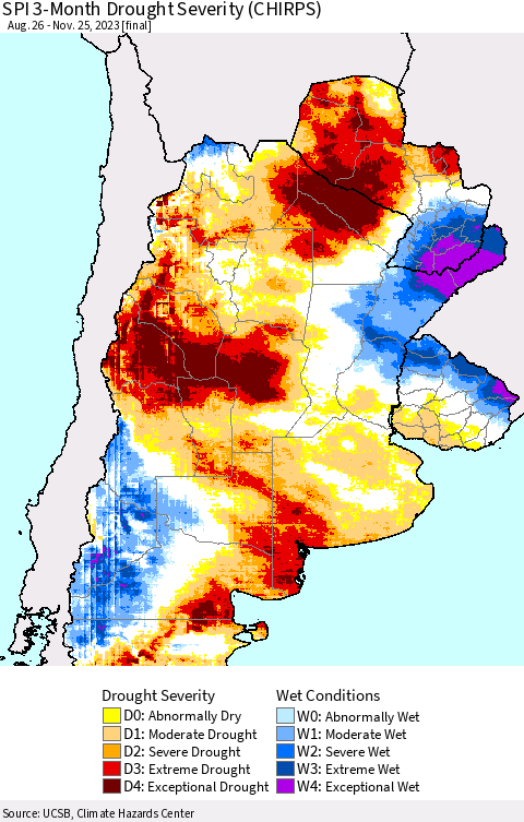 Southern South America SPI 3-Month Drought Severity (CHIRPS) Thematic Map For 8/26/2023 - 11/25/2023