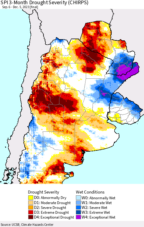 Southern South America SPI 3-Month Drought Severity (CHIRPS) Thematic Map For 9/6/2023 - 12/5/2023