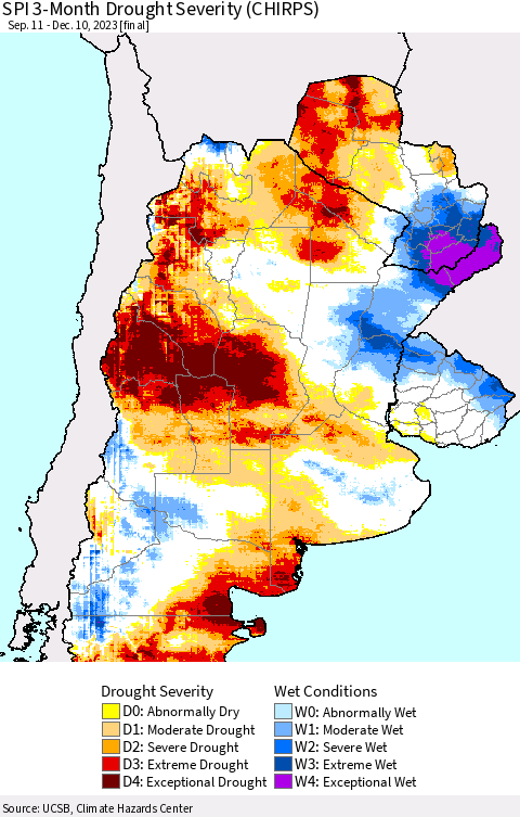 Southern South America SPI 3-Month Drought Severity (CHIRPS) Thematic Map For 9/11/2023 - 12/10/2023