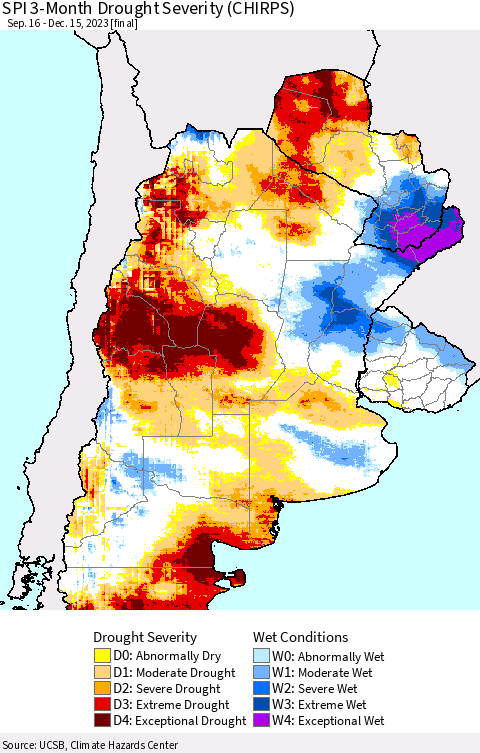 Southern South America SPI 3-Month Drought Severity (CHIRPS) Thematic Map For 9/16/2023 - 12/15/2023