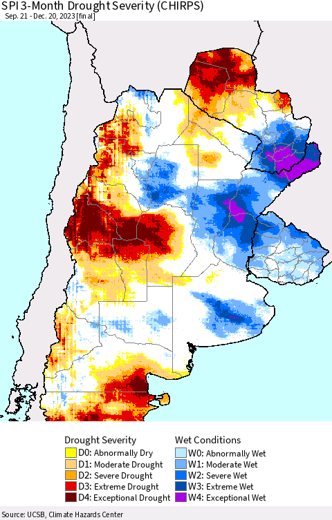 Southern South America SPI 3-Month Drought Severity (CHIRPS) Thematic Map For 9/21/2023 - 12/20/2023