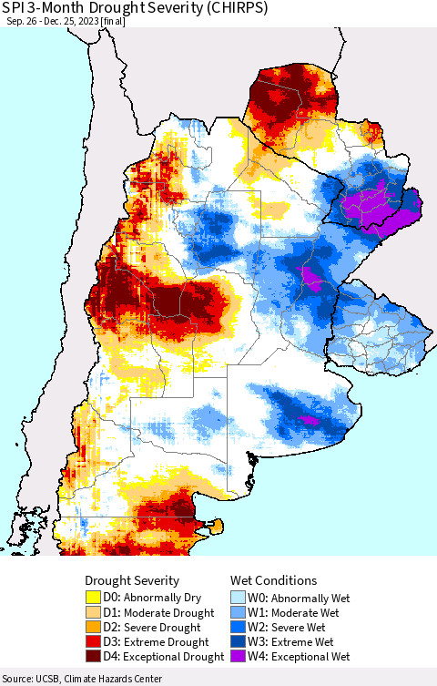 Southern South America SPI 3-Month Drought Severity (CHIRPS) Thematic Map For 9/26/2023 - 12/25/2023