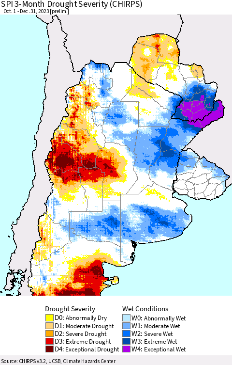 Southern South America SPI 3-Month Drought Severity (CHIRPS) Thematic Map For 10/1/2023 - 12/31/2023