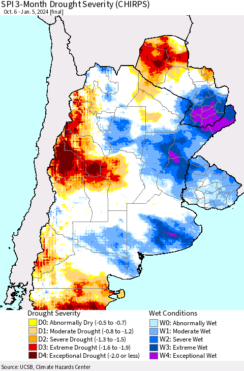 Southern South America SPI 3-Month Drought Severity (CHIRPS) Thematic Map For 10/6/2023 - 1/5/2024