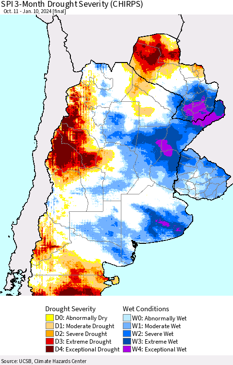 Southern South America SPI 3-Month Drought Severity (CHIRPS) Thematic Map For 10/11/2023 - 1/10/2024