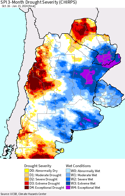 Southern South America SPI 3-Month Drought Severity (CHIRPS) Thematic Map For 10/16/2023 - 1/15/2024
