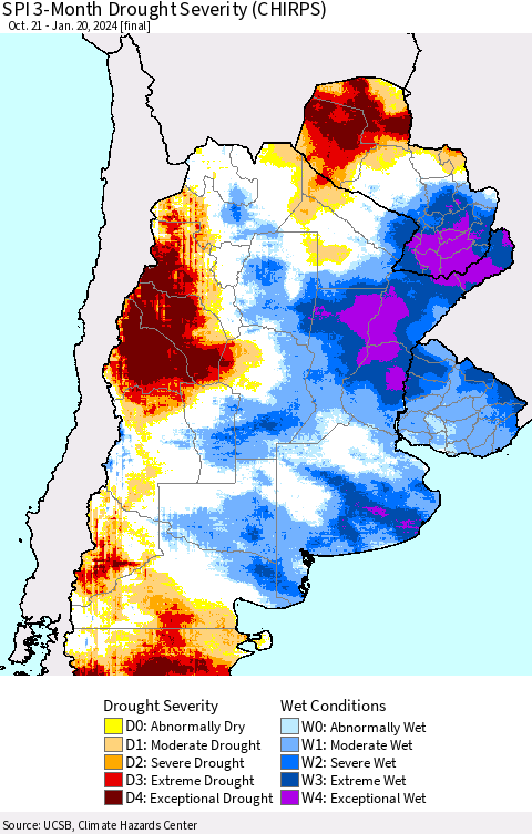 Southern South America SPI 3-Month Drought Severity (CHIRPS) Thematic Map For 10/21/2023 - 1/20/2024