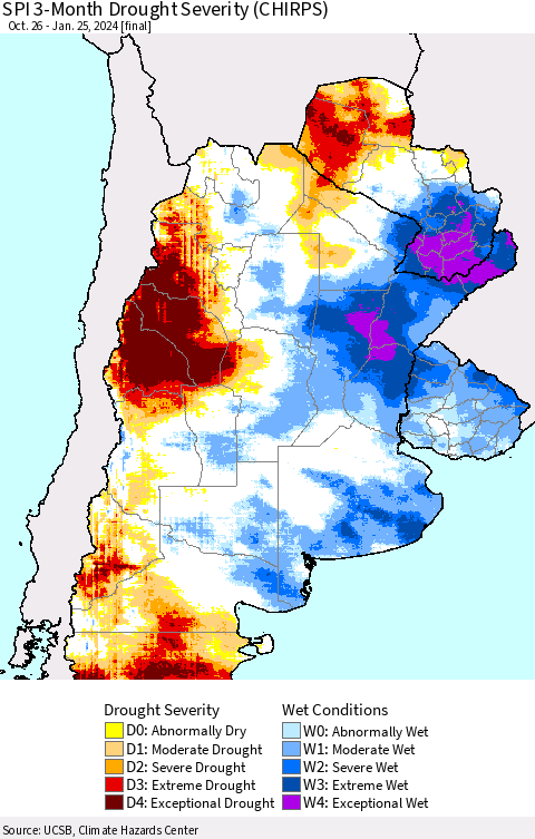 Southern South America SPI 3-Month Drought Severity (CHIRPS) Thematic Map For 10/26/2023 - 1/25/2024