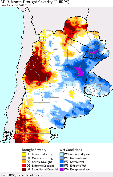 Southern South America SPI 3-Month Drought Severity (CHIRPS) Thematic Map For 11/1/2023 - 1/31/2024