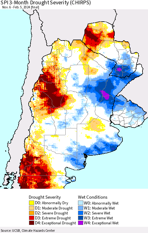 Southern South America SPI 3-Month Drought Severity (CHIRPS) Thematic Map For 11/6/2023 - 2/5/2024
