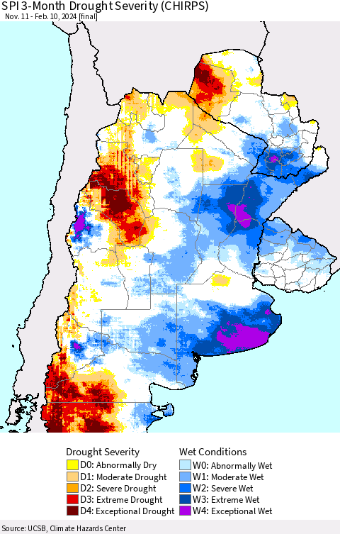 Southern South America SPI 3-Month Drought Severity (CHIRPS) Thematic Map For 11/11/2023 - 2/10/2024