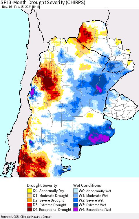 Southern South America SPI 3-Month Drought Severity (CHIRPS) Thematic Map For 11/16/2023 - 2/15/2024