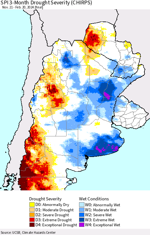 Southern South America SPI 3-Month Drought Severity (CHIRPS) Thematic Map For 11/21/2023 - 2/20/2024