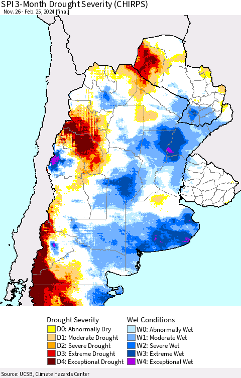 Southern South America SPI 3-Month Drought Severity (CHIRPS) Thematic Map For 11/26/2023 - 2/25/2024