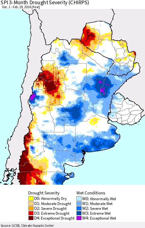 Southern South America SPI 3-Month Drought Severity (CHIRPS) Thematic Map For 12/1/2023 - 2/29/2024