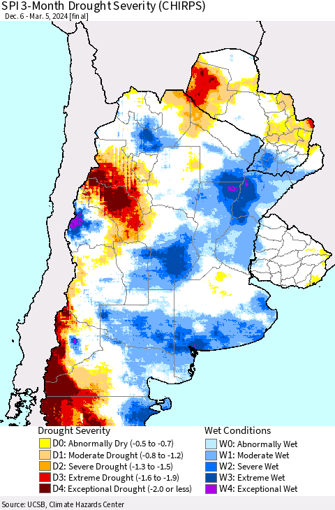 Southern South America SPI 3-Month Drought Severity (CHIRPS) Thematic Map For 12/6/2023 - 3/5/2024