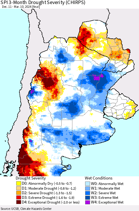 Southern South America SPI 3-Month Drought Severity (CHIRPS) Thematic Map For 12/11/2023 - 3/10/2024
