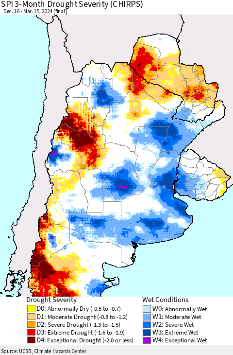 Southern South America SPI 3-Month Drought Severity (CHIRPS) Thematic Map For 12/16/2023 - 3/15/2024