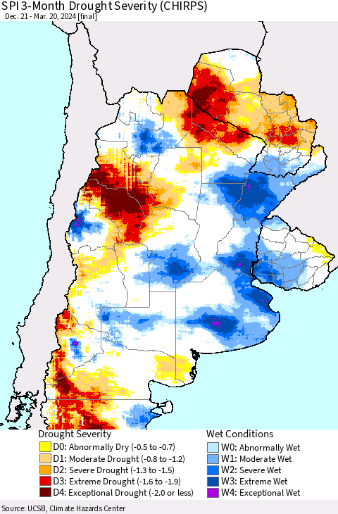 Southern South America SPI 3-Month Drought Severity (CHIRPS) Thematic Map For 12/21/2023 - 3/20/2024