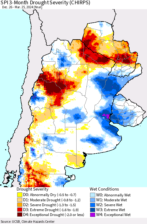 Southern South America SPI 3-Month Drought Severity (CHIRPS) Thematic Map For 12/26/2023 - 3/25/2024