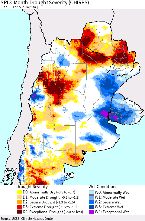 Southern South America SPI 3-Month Drought Severity (CHIRPS) Thematic Map For 1/6/2024 - 4/5/2024