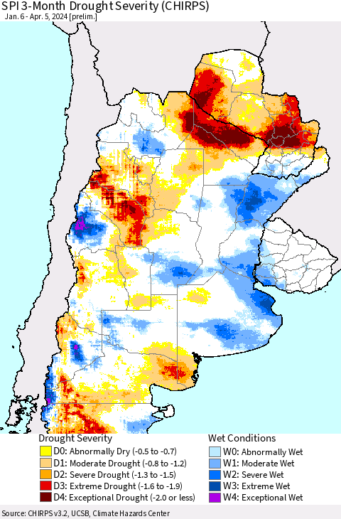 Southern South America SPI 3-Month Drought Severity (CHIRPS) Thematic Map For 1/6/2024 - 4/5/2024