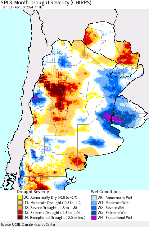 Southern South America SPI 3-Month Drought Severity (CHIRPS) Thematic Map For 1/11/2024 - 4/10/2024