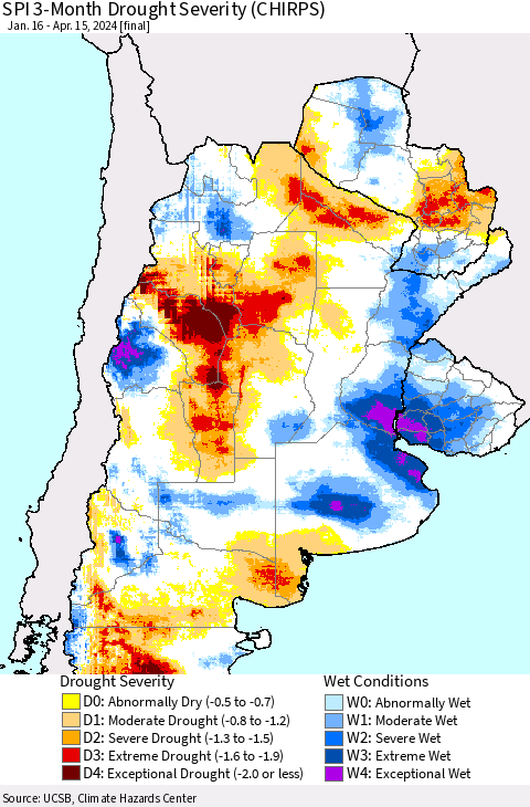 Southern South America SPI 3-Month Drought Severity (CHIRPS) Thematic Map For 1/16/2024 - 4/15/2024