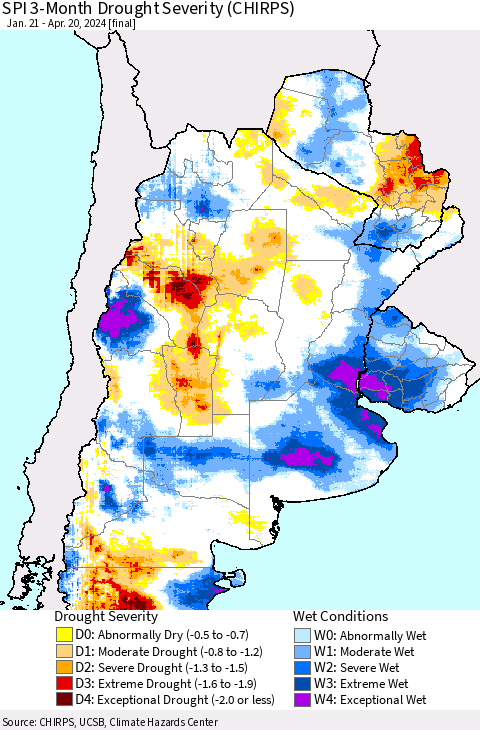 Southern South America SPI 3-Month Drought Severity (CHIRPS) Thematic Map For 1/21/2024 - 4/20/2024