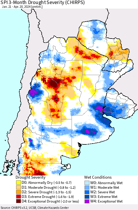 Southern South America SPI 3-Month Drought Severity (CHIRPS) Thematic Map For 1/21/2024 - 4/20/2024