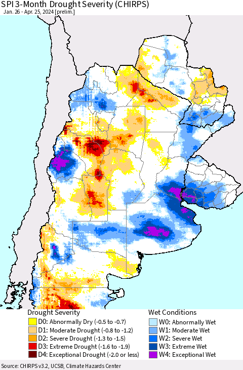 Southern South America SPI 3-Month Drought Severity (CHIRPS) Thematic Map For 1/26/2024 - 4/25/2024