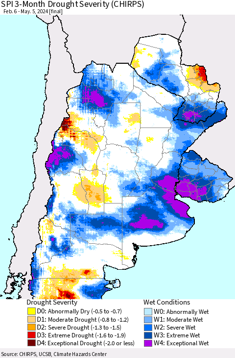 Southern South America SPI 3-Month Drought Severity (CHIRPS) Thematic Map For 2/6/2024 - 5/5/2024