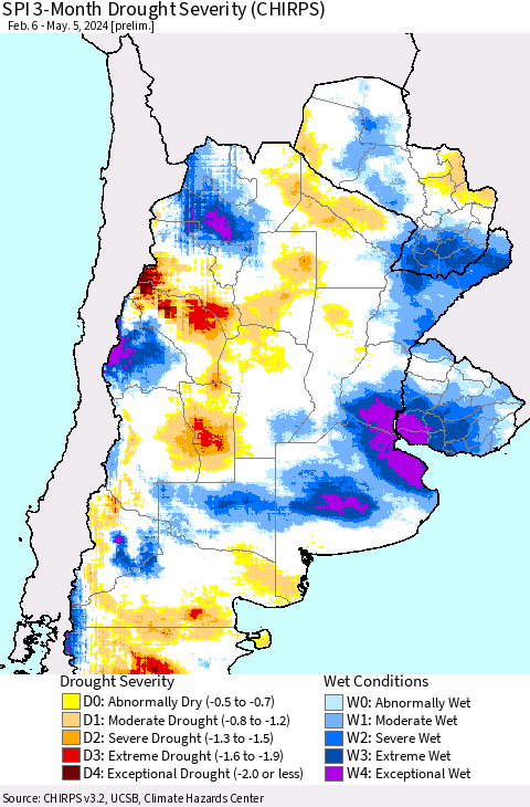 Southern South America SPI 3-Month Drought Severity (CHIRPS) Thematic Map For 2/6/2024 - 5/5/2024