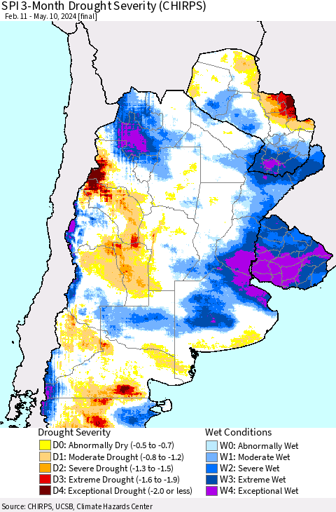 Southern South America SPI 3-Month Drought Severity (CHIRPS) Thematic Map For 2/11/2024 - 5/10/2024