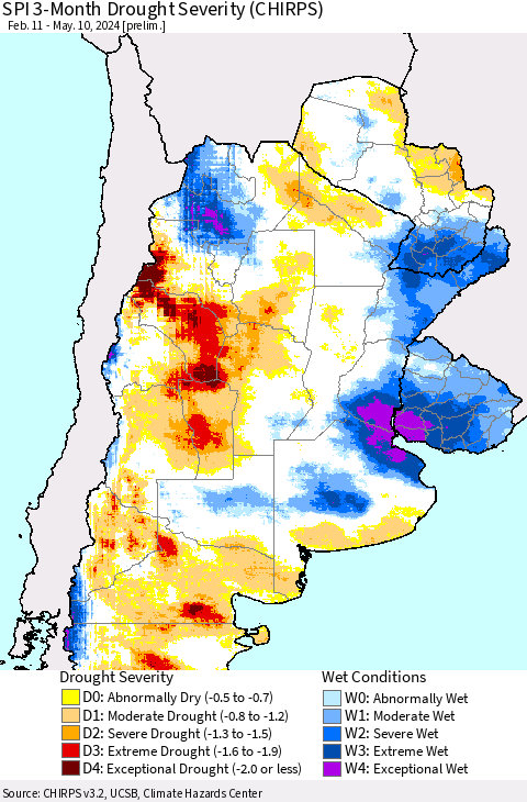 Southern South America SPI 3-Month Drought Severity (CHIRPS) Thematic Map For 2/11/2024 - 5/10/2024