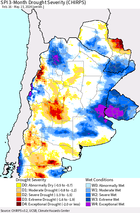 Southern South America SPI 3-Month Drought Severity (CHIRPS) Thematic Map For 2/16/2024 - 5/15/2024