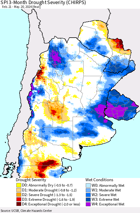 Southern South America SPI 3-Month Drought Severity (CHIRPS) Thematic Map For 2/21/2024 - 5/20/2024