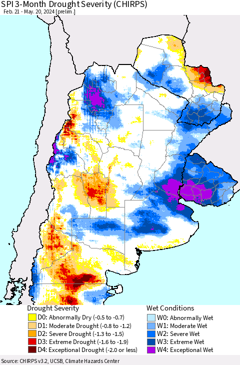 Southern South America SPI 3-Month Drought Severity (CHIRPS) Thematic Map For 2/21/2024 - 5/20/2024