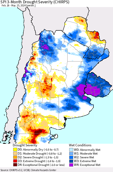Southern South America SPI 3-Month Drought Severity (CHIRPS) Thematic Map For 2/26/2024 - 5/25/2024