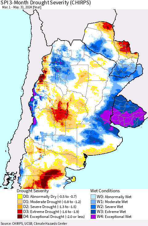 Southern South America SPI 3-Month Drought Severity (CHIRPS) Thematic Map For 3/1/2024 - 5/31/2024