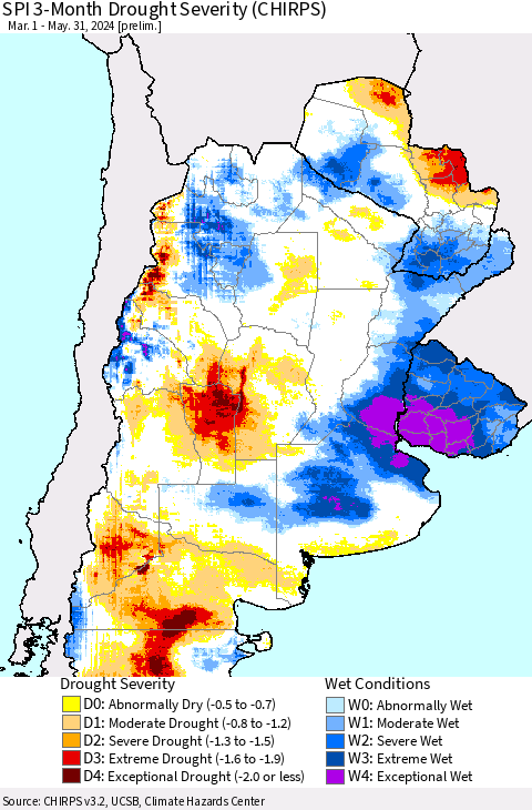 Southern South America SPI 3-Month Drought Severity (CHIRPS) Thematic Map For 3/1/2024 - 5/31/2024