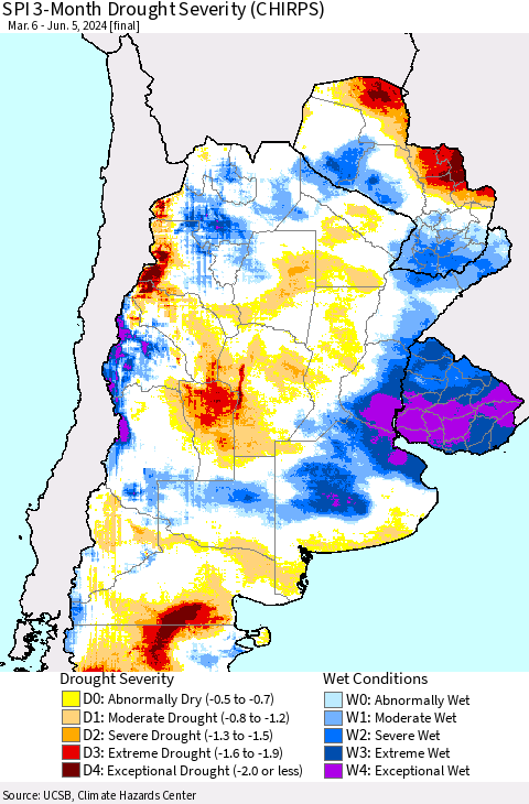 Southern South America SPI 3-Month Drought Severity (CHIRPS) Thematic Map For 3/6/2024 - 6/5/2024