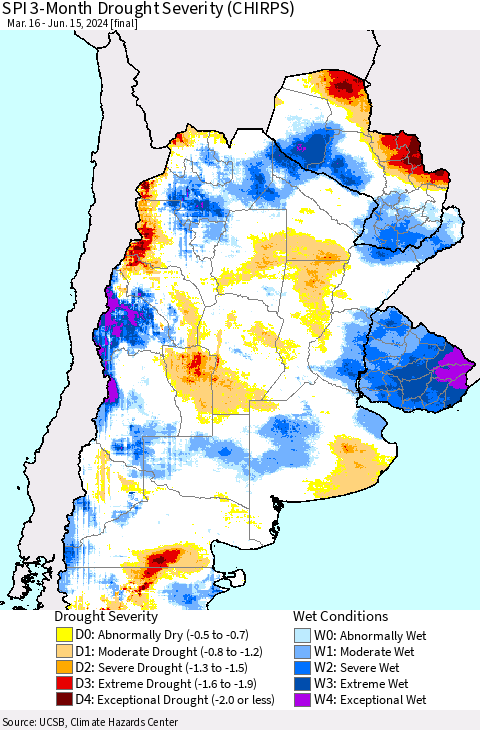 Southern South America SPI 3-Month Drought Severity (CHIRPS) Thematic Map For 3/16/2024 - 6/15/2024