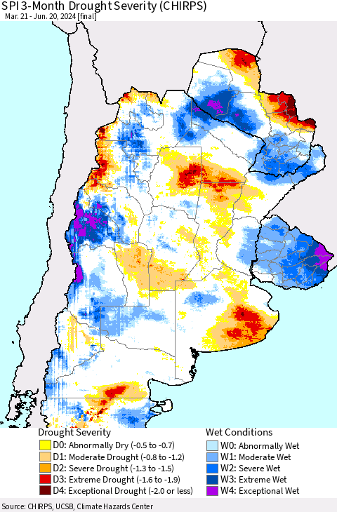 Southern South America SPI 3-Month Drought Severity (CHIRPS) Thematic Map For 3/21/2024 - 6/20/2024