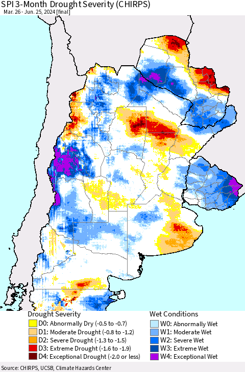 Southern South America SPI 3-Month Drought Severity (CHIRPS) Thematic Map For 3/26/2024 - 6/25/2024