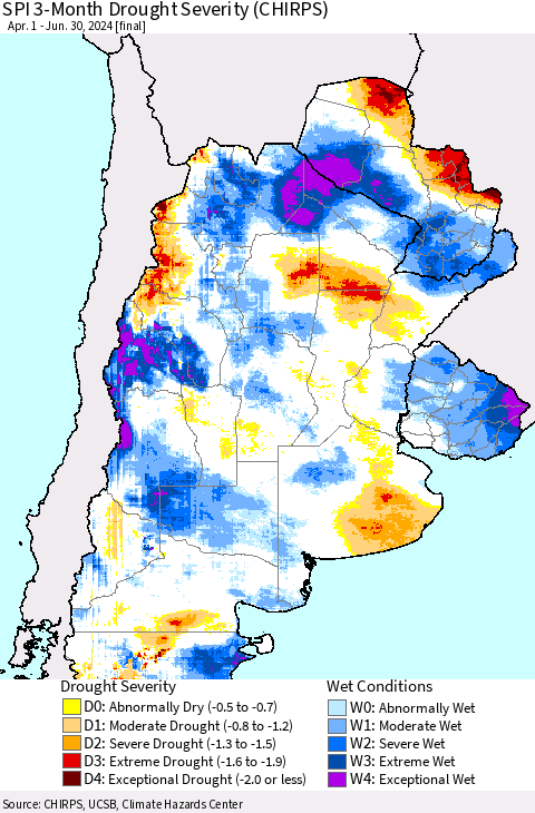 Southern South America SPI 3-Month Drought Severity (CHIRPS) Thematic Map For 4/1/2024 - 6/30/2024