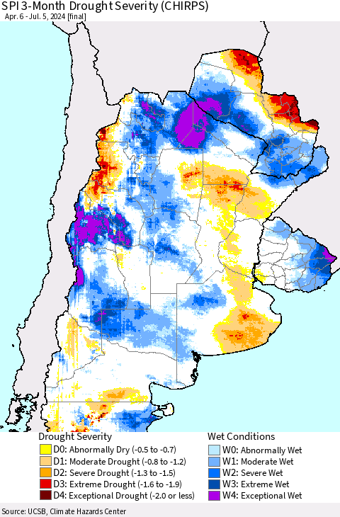 Southern South America SPI 3-Month Drought Severity (CHIRPS) Thematic Map For 4/6/2024 - 7/5/2024