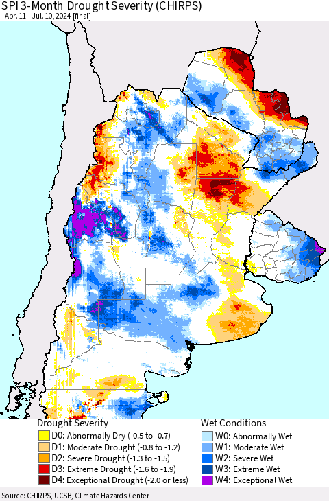 Southern South America SPI 3-Month Drought Severity (CHIRPS) Thematic Map For 4/11/2024 - 7/10/2024