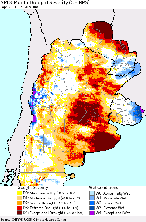 Southern South America SPI 3-Month Drought Severity (CHIRPS) Thematic Map For 4/21/2024 - 7/20/2024