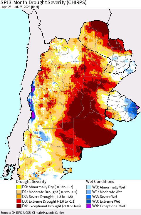 Southern South America SPI 3-Month Drought Severity (CHIRPS) Thematic Map For 4/26/2024 - 7/25/2024